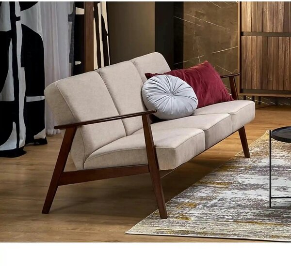 Canapea MILANO 3S, bej - Castel 15, stofa catifelata/lemn, 175x77x77 c