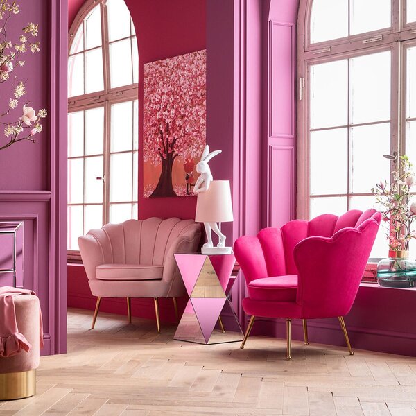 Fotoliu Stil Glamour cu Culoare Roz, Picioare Aurii și Tapiterie din Material Sintetic