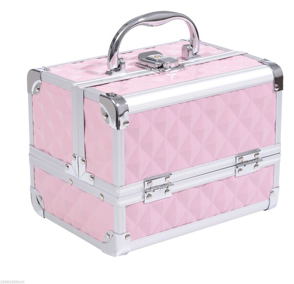 HOMCOM Trusa Machiaj Profesionala, Beauty Case pentru Make Up cu Profile din Aluminiu, Maner si Tava in Consola, 20x15x15cm, Roz | Aosom Romania