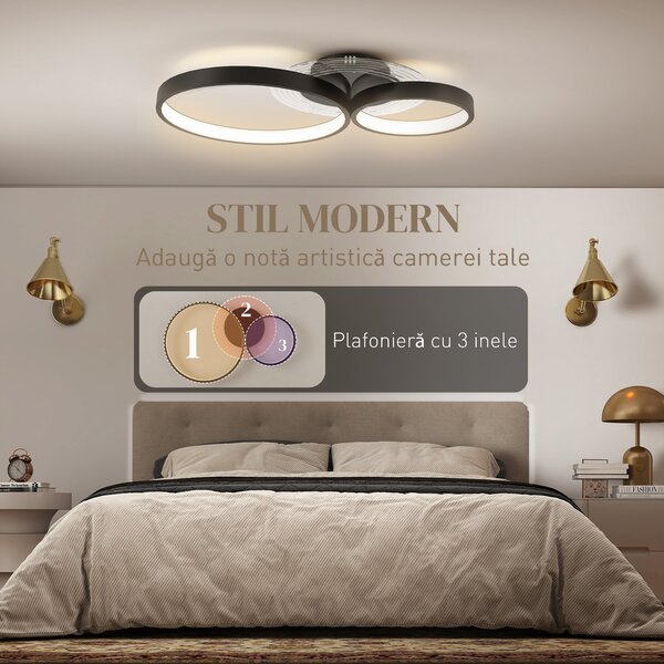 HOMCOM Lampă de tavan LED Modernă cu Intensitate Reglabilă, Putere 40W, Negru | Aosom Romania