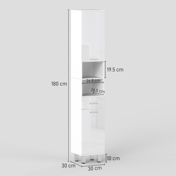 Kleankin Mobilier pentru Baie cu 1 Sertar 3 Rafturi Ajustabile și 2 Dulapuri, 30x30x180 cm, Alb Lucios | Aosom Romania