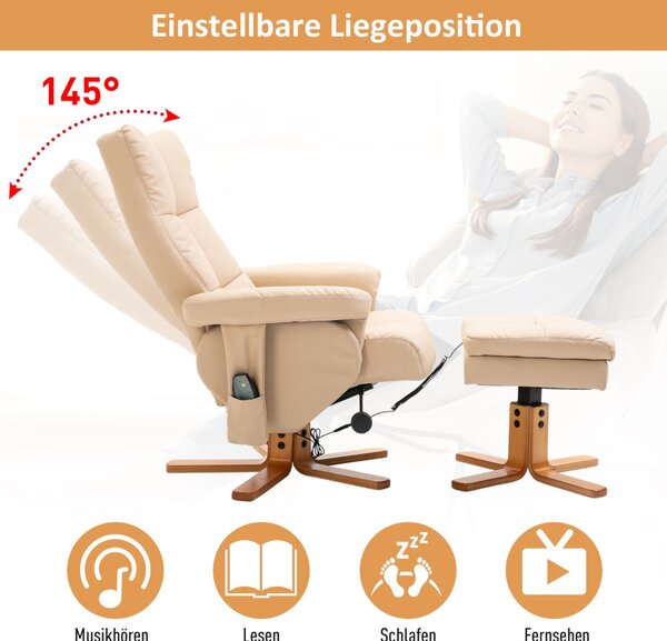 Fotoliu de masaj de relaxare cu suport pentru picioare, depozitare, fotoliu TV cu funcție de masaj, unghi de înclinare de 145°, poliester