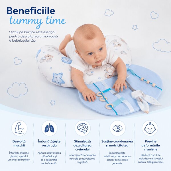 Perna Tummy Time senzoriala pentru bebelusi Kidizi Koala Dreams Blue, dezvoltare motorie, stimulare vizuala si coordonare mana-ochi, 0+ luni
