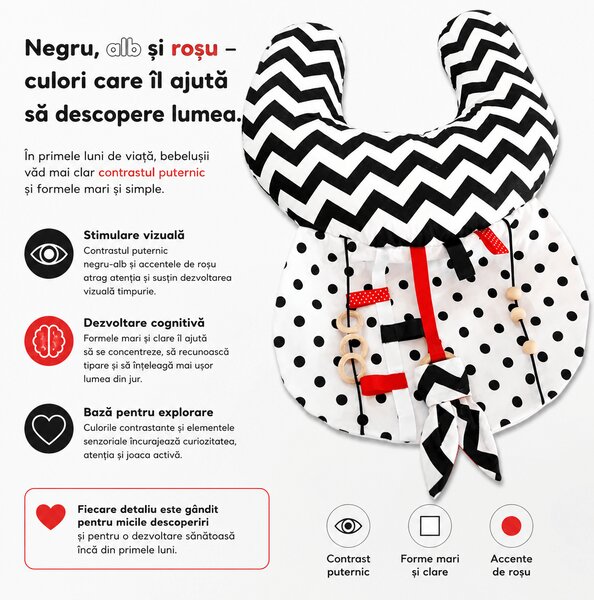 Perna Tummy Time senzoriala pentru bebelusi Kidizi, contrast alb-negru-rosu, dezvoltare motorie, stimulare vizuala si coordonare mana-ochi, 0+ luni