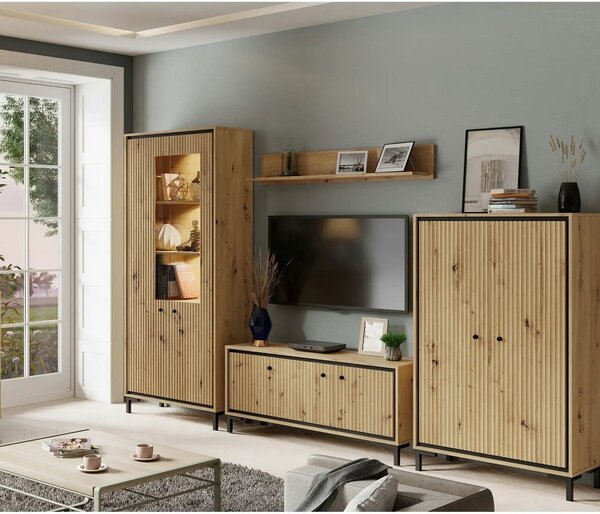 Mobilier living PARII A, stejar artisan, PAL/sticla, cu iluminare LED