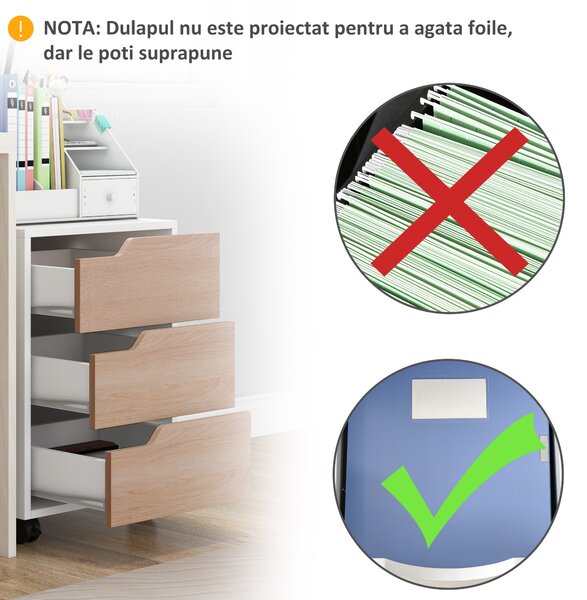 Comoda din MDF cu 3 Sertare si 4 roti cu rotatie de 360 ° (2 cu frane), pentru Birou sau Studio Alba si Lemn 31x37x7.2cm HOMCOM | Aosom Romania