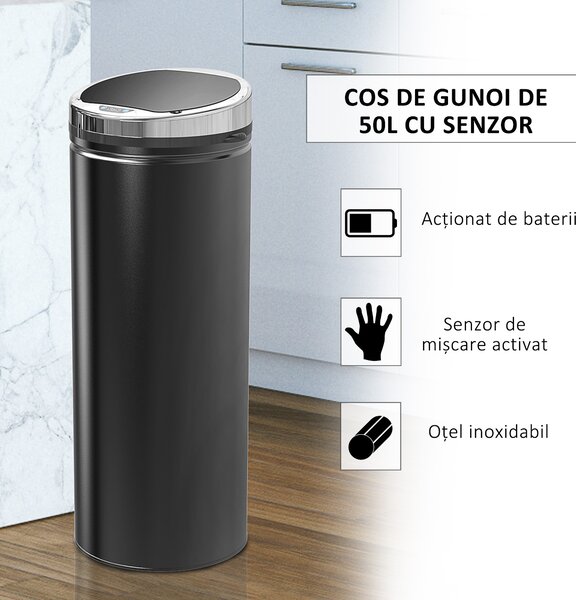 HOMCOM Coș de Gunoi Inteligent cu Senzor, 50L, Oțel Inox și Plastic, Negru, 30.5x30.5x81.5cm | Aosom Romania