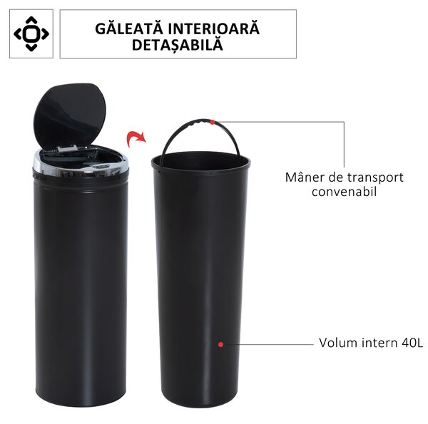 HOMCOM Coș de Gunoi Inteligent cu Senzor, 50L, Oțel Inox și Plastic, Negru, 30.5x30.5x81.5cm | Aosom Romania