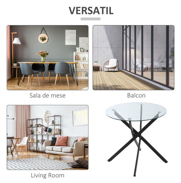 HOMCOM Masa Rotunda din Sticla si Picioare Incrucisate din Metal, Masuta Moderna pentru Sufragerie si Birou, 80x80x75cm, Negru