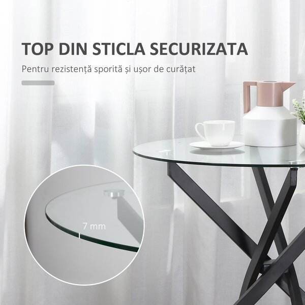 HOMCOM Masa Rotunda din Sticla si Picioare Incrucisate din Metal, Masuta Moderna pentru Sufragerie si Birou, 80x80x75cm, Negru