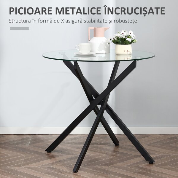 HOMCOM Masa Rotunda din Sticla si Picioare Incrucisate din Metal, Masuta Moderna pentru Sufragerie si Birou, 80x80x75cm, Negru