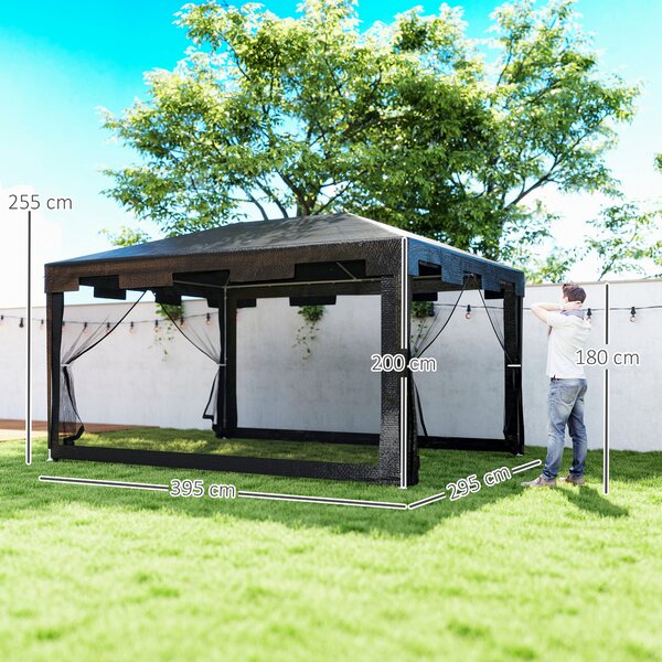 Outsunny Foisor 4x3 m cu Plasa de Tantari si 2 Intrari, Foisor de Gradina din Metal si PE, Gri Inchis