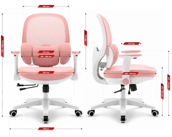 Scaun ergonomic roz pentru copii HC-999 - material textil