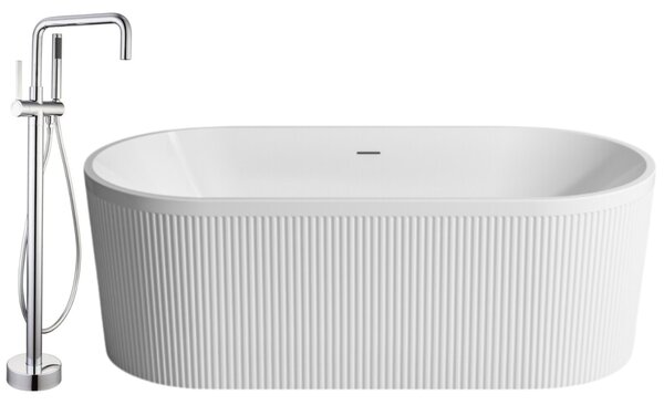Set cada baie freestanding cu riflaje, ovala, 170x75 cm cu baterie cada freestanding crom