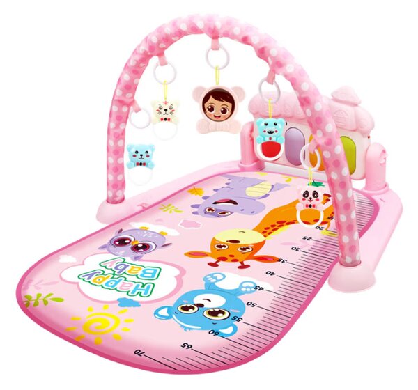 Saltea de joaca Muzicala, AT PERFORMANCE, Interactiva cu Pian 5 in 1,98 cm, print Happy Baby cu animalute, pentru Bebelusi, Roz