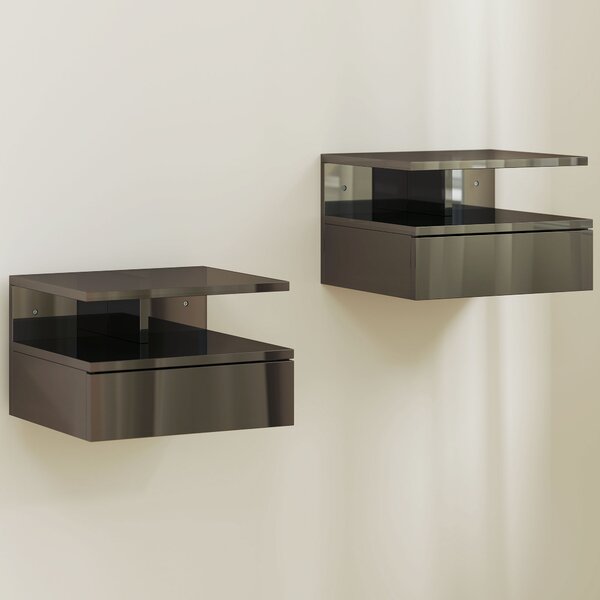 HOMCOM Set de 2 Noptiere Moderne Suspendate pentru Dormitor cu Sertar și Raft, 35x32x22,5 cm, Negru Lucios | Aosom Romania