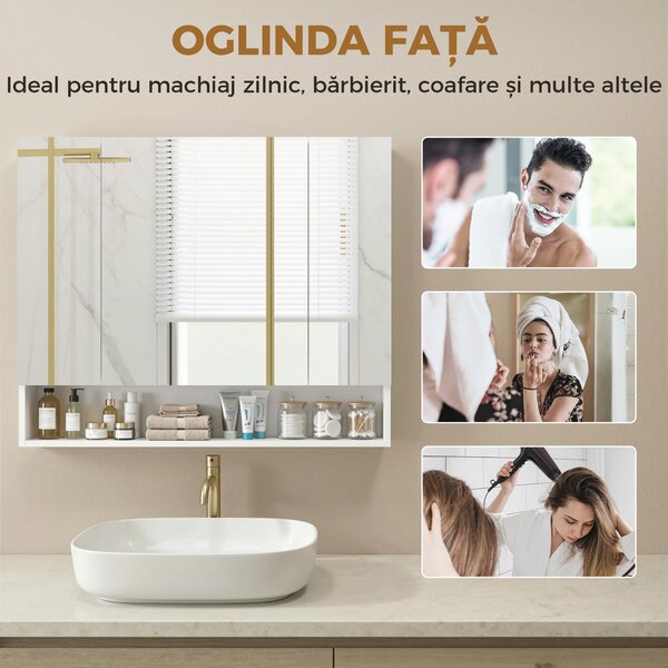 Kleankin Dulap de Baie Montat pe Perete cu Oglindă și Rafturi Reglabile, Alb | Aosom Romania