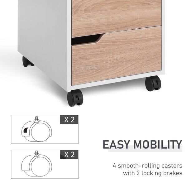 Comoda din MDF cu 3 Sertare si 4 roti cu rotatie de 360 ° (2 cu frane), pentru Birou sau Studio Alba si Lemn 31x37x7.2cm HOMCOM | Aosom Romania