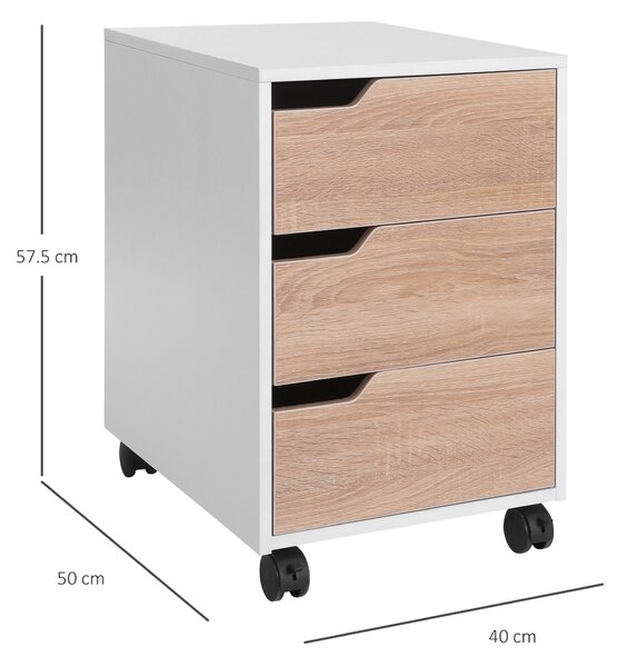 Comoda din MDF cu 3 Sertare si 4 roti cu rotatie de 360 ° (2 cu frane), pentru Birou sau Studio Alba si Lemn 31x37x7.2cm HOMCOM | Aosom Romania