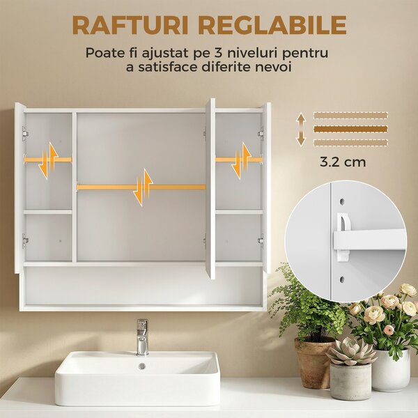 Kleankin Dulap de Baie Montat pe Perete cu Oglindă și Rafturi Reglabile, Alb | Aosom Romania