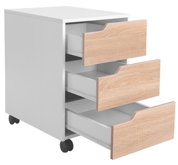 Comoda din MDF cu 3 Sertare si 4 roti cu rotatie de 360 ° (2 cu frane), pentru Birou sau Studio Alba si Lemn 31x37x7.2cm HOMCOM | Aosom Romania