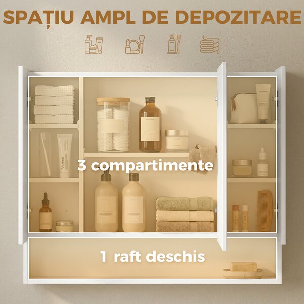 Kleankin Dulap de Baie Montat pe Perete cu Oglindă și Rafturi Reglabile, Alb | Aosom Romania