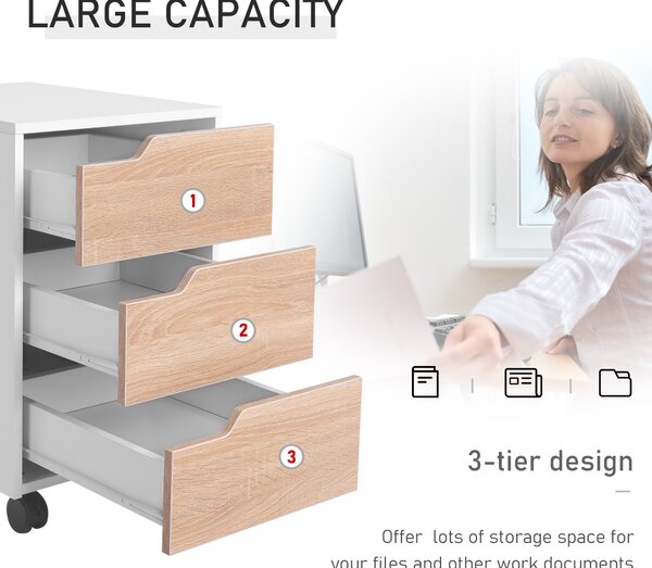 Comoda din MDF cu 3 Sertare si 4 roti cu rotatie de 360 ° (2 cu frane), pentru Birou sau Studio Alba si Lemn 31x37x7.2cm HOMCOM | Aosom Romania