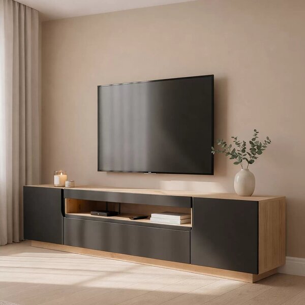 Comodă TV Loftia 200 cm cu două uși și nișă - artisan / negru mat
