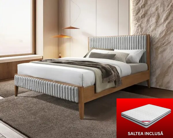 Set pat tapitat din lemn Siera cu saltea ortopedica de 140x200 inclusa, somiera fixa, culoare Gri