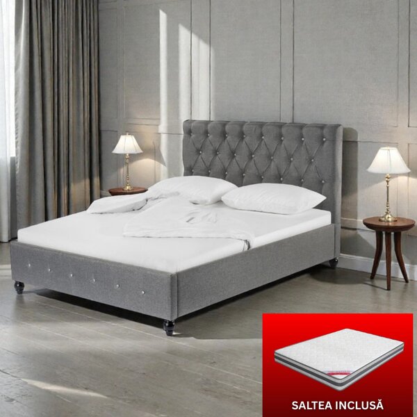 Set pat tapitat Miami cu saltea ortopedica , cadru din lemn, Culoare Gri