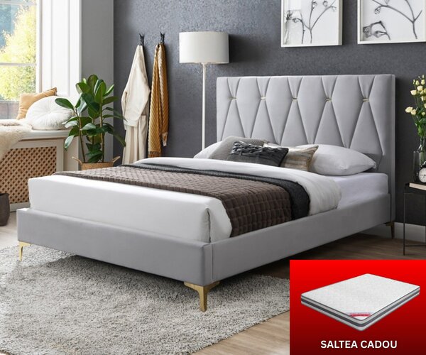 Pat tapitat Mervine + saltea cadou, 160x200, cadru din lemn cu somiera fixa, culoare Gri