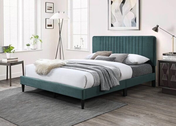 Pat tapitat Emerald cu catifea verde, 140x200, cadru din lemn cu somiera fixa