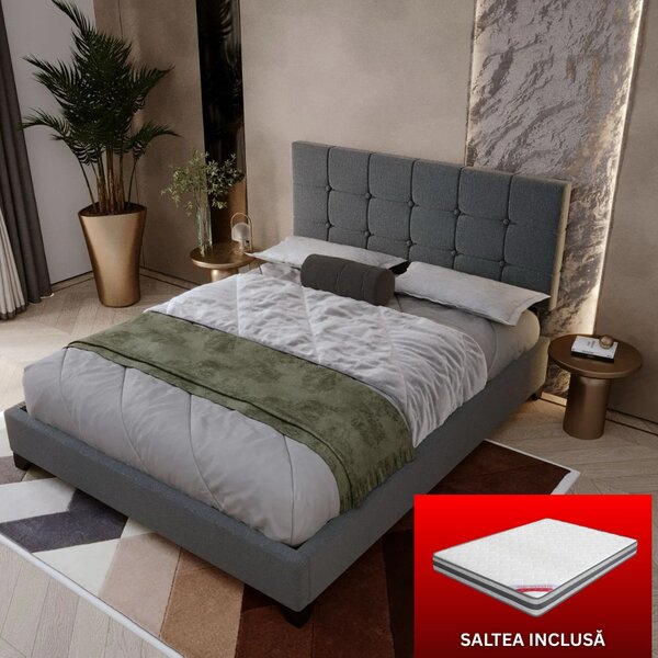 Set pat tapitat Modern cu saltea ortopedica inclusa, cadru din lemn, culoare Gri