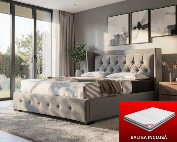 Set pat tapitat Roma cu saltea ortopedica 160x200cm, cadru din lemn, somiera inclusa, culoare Gri