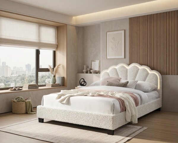 Pat tapitat Comfort 2 cu LED, 90x200, cadru din lemn cu somiera fixa, culoare Crem