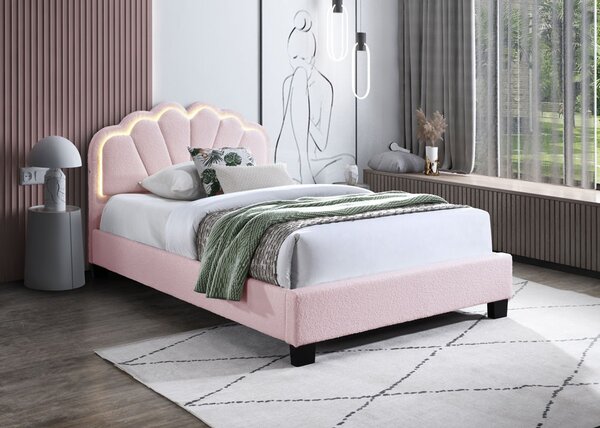 Pat tapitat Comfort 2 cu LED , 120x200, cadru din lemn cu somiera fixa, culoare Roz
