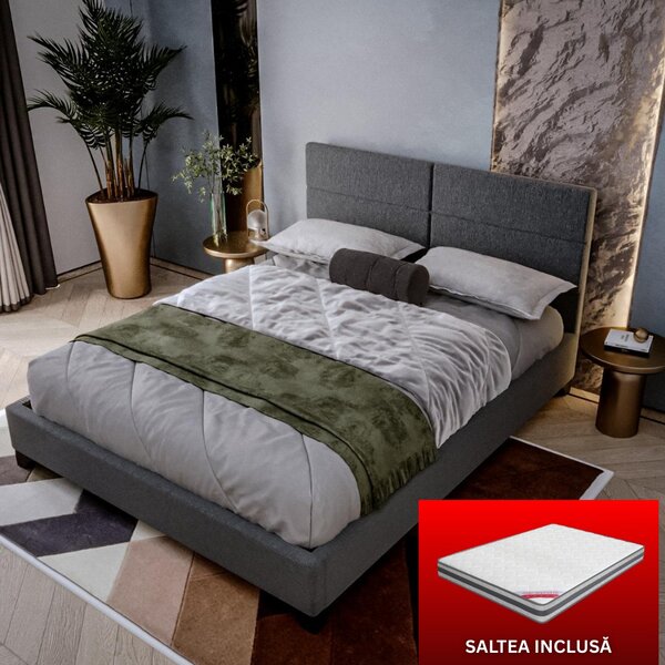 Set pat Tapitat Houston cu saltea ortopedica , cadru din lemn, Culoare Gri
