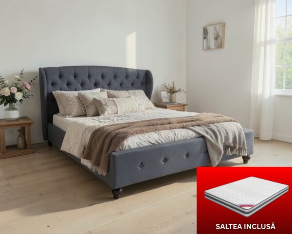 Set pat Tapitat Continental cu saltea ortopedica 160x200 cm, cadru din lemn cu somiera fixa, Culoare Gri