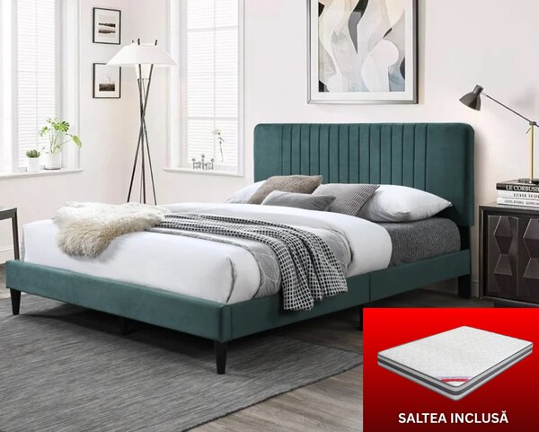 Set pat tapitat Emerald cu saltea pocket, cadru din lemn cu somiera fixa, catifea verde