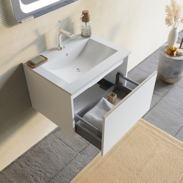 Mobilier Baie Suspendat, 60 Cm, Alb Mat Cu Oglindă Led 60x80 | Monaco