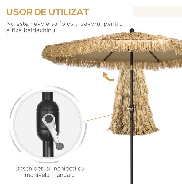 Outsunny Umbrelă de Grădină Stil Hawai cu Paie, Rotundă cu Manivelă, Ø265x250cm, Kaki | Aosom Romania