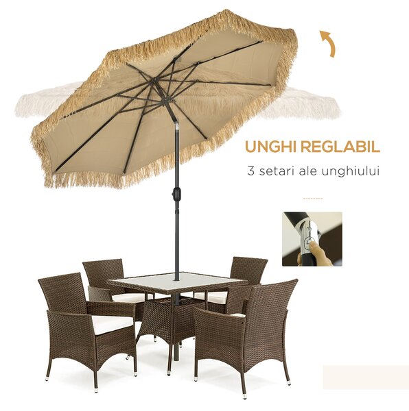 Outsunny Umbrelă de Grădină Stil Hawai cu Paie, Rotundă cu Manivelă, Ø265x250cm, Kaki | Aosom Romania