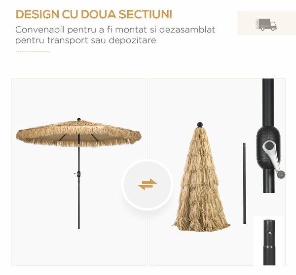 Outsunny Umbrelă de Grădină Stil Hawai cu Paie, Rotundă cu Manivelă, Ø265x250cm, Kaki | Aosom Romania