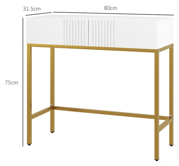 HOMCOM Masă Consolă cu 2 Sertare, Masă Modernă de Intrare cu Bază din Oțel în Ton Auriu, 80x31.5x75 cm, Alb | Aosom Romania