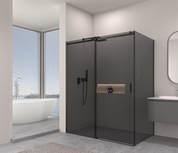 Erga Lynn, cabină de duș cu ușă glisantă 90 (uşă) x 70 (perete) x 195 cm, sticlă gri 8 mm, profil negru, ERG-V02-LYNN-D090G070-GR-BK