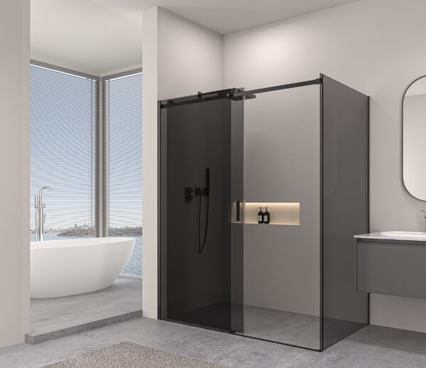 Erga Lynn, cabină de duș cu ușă glisantă 90 (uşă) x 70 (perete) x 195 cm, sticlă gri 8 mm, profil negru, ERG-V02-LYNN-D090G070-GR-BK
