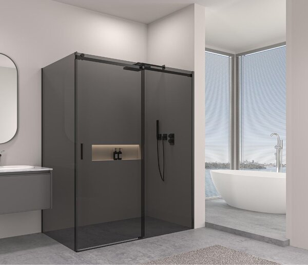 Erga Lynn, cabină de duș cu ușă glisantă 90 (uşă) x 70 (perete) x 195 cm, sticlă gri 8 mm, profil negru, ERG-V02-LYNN-D090G070-GR-BK