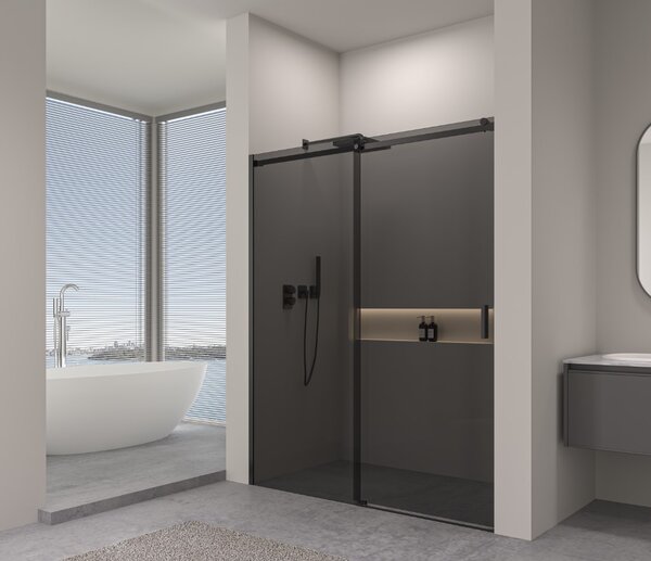 Erga Lynn, usa de dus culisanta in deschidere 90x195 cm, sticla gri 8 mm, profil negru, ERG-V02-LYNN-D090-GR-BK