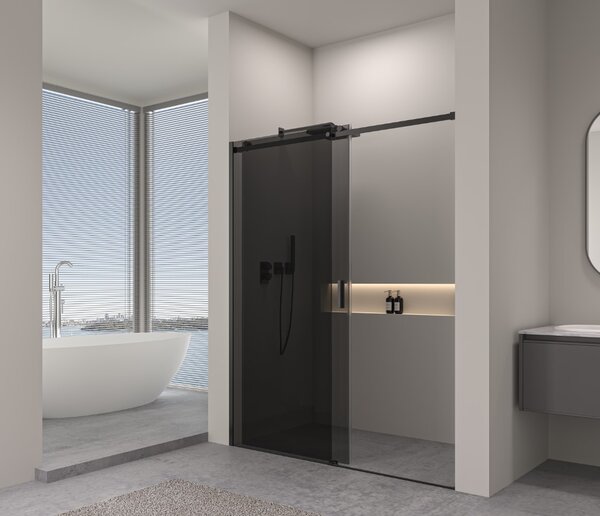 Erga Lynn, usa de dus culisanta in deschidere 90x195 cm, sticla gri 8 mm, profil negru, ERG-V02-LYNN-D090-GR-BK