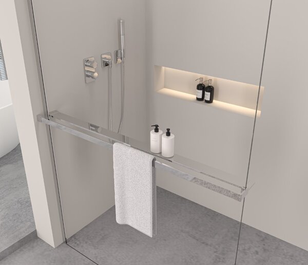 Erga Paris, Mampara de dus Walk-In 60x200 cm cu polita si suport pentru prosoape, sticla transparenta 8 mm, profil cromat, ERG-V02-PARIS-060x200-CL-C…